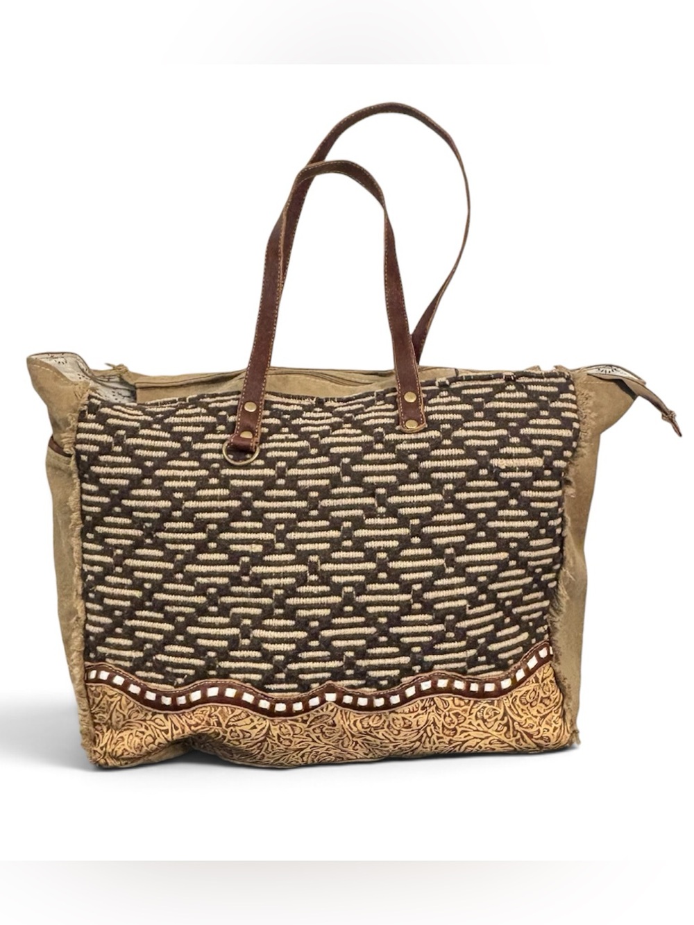 Brown Patterned Tote Bag with Leather Handles Cowboy Western Travel Bag